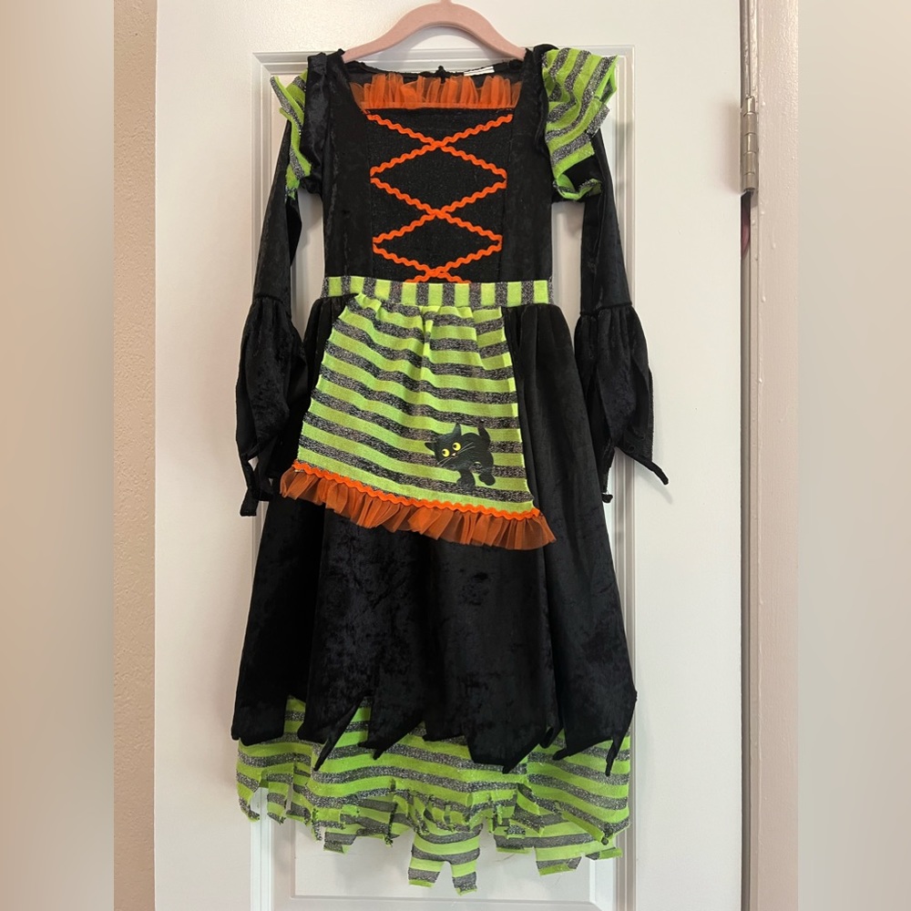 Girls Black & Green Striped Witch Costume with Orange Accents